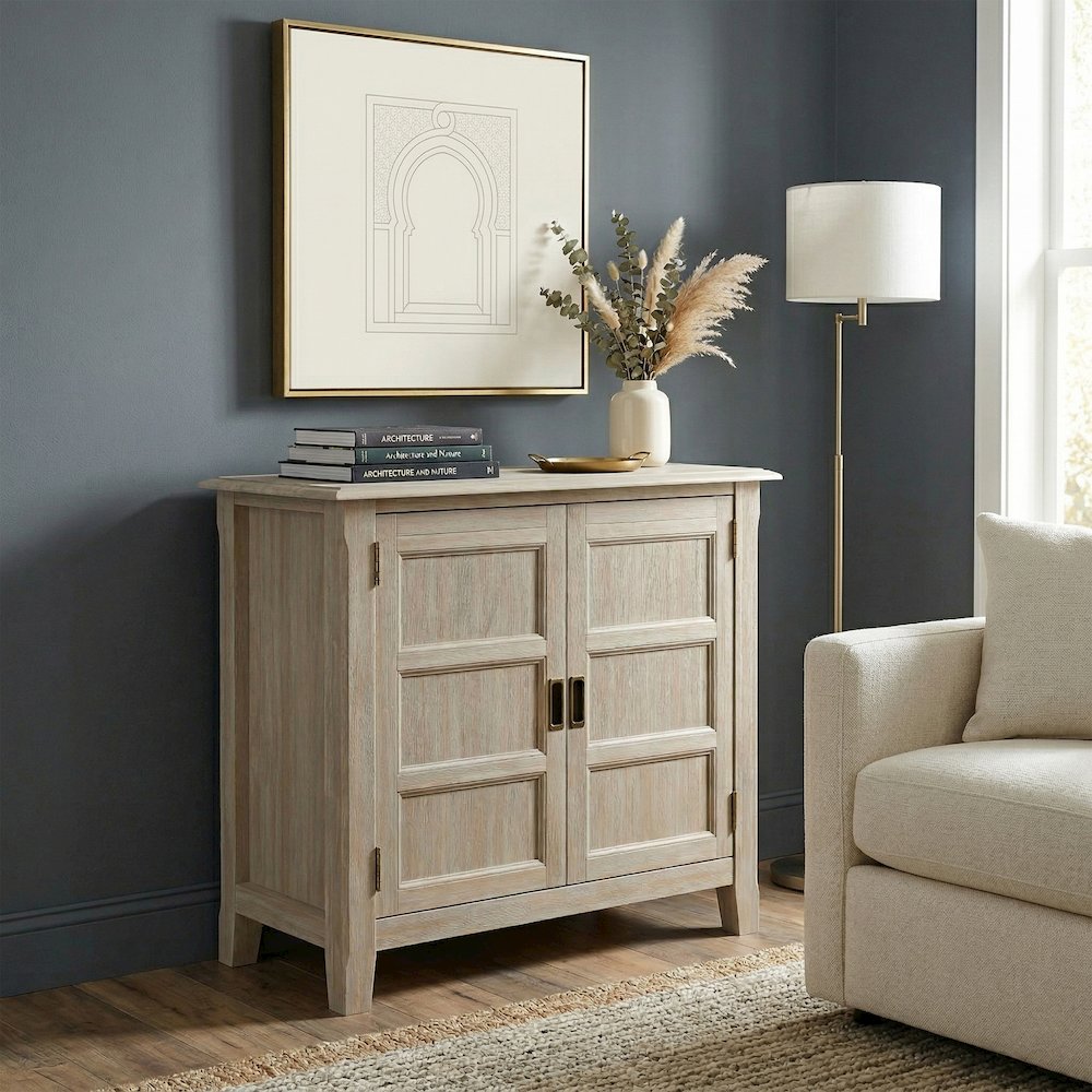 Burlington Solid Wood Low Storage Cabinet In Distressed Grey