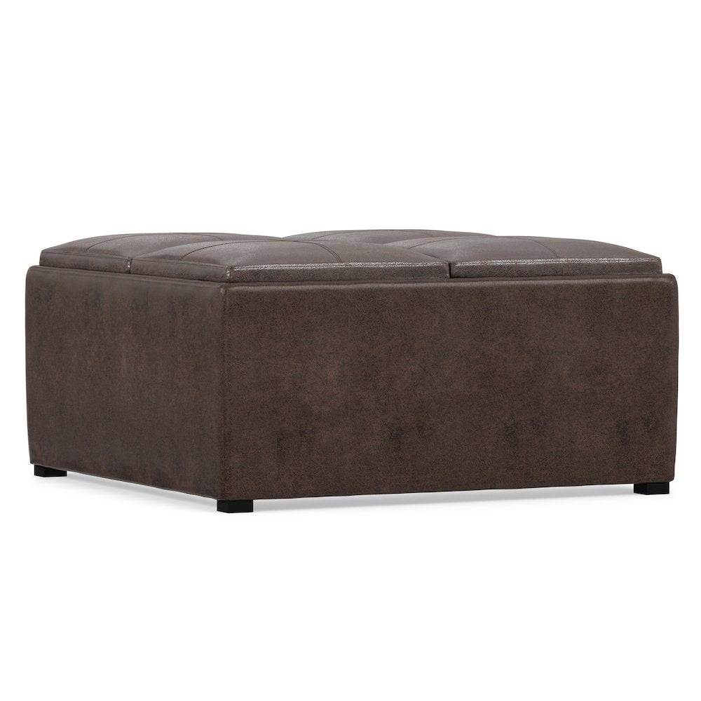 Coffee Table Storage Ottoman In Distressed Brown Vegan Faux Leather