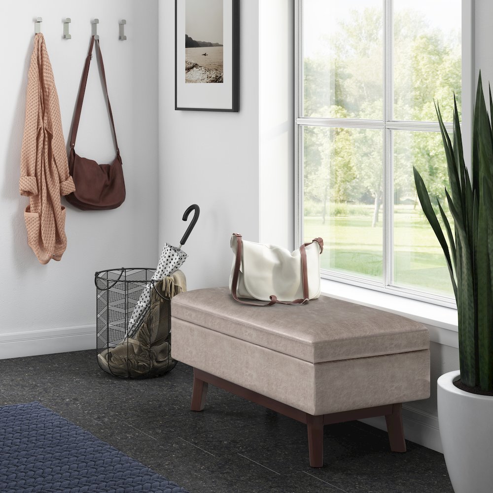Rectangular Storage Ottoman In Distressed Grey Taupe Vegan Faux Leather