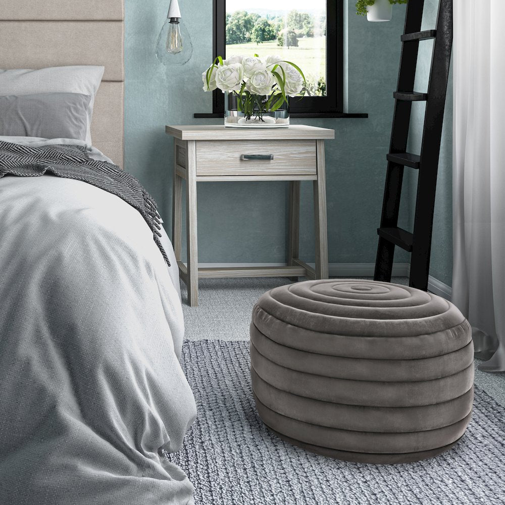 Vivienne Round Pouf In Grey Velvet Fabric