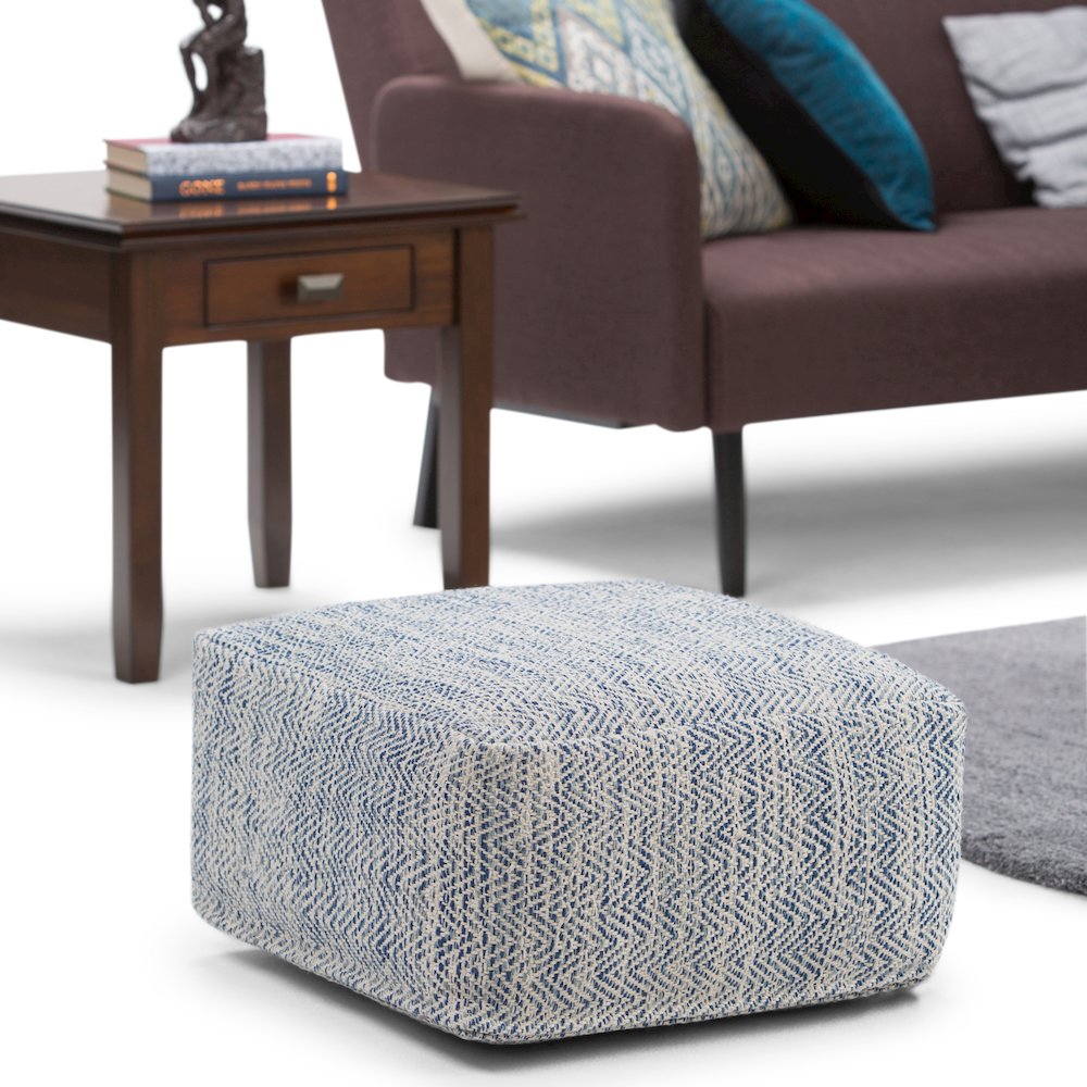 Nate Square Pouf In Patterned Denim Melange Cotton