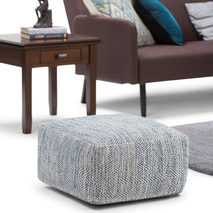 Nate Square Pouf In Patterned Denim Melange Cotton
