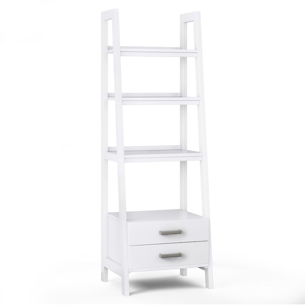 Sawhorse Solid Wood Ladder Shelf With Storage In White
