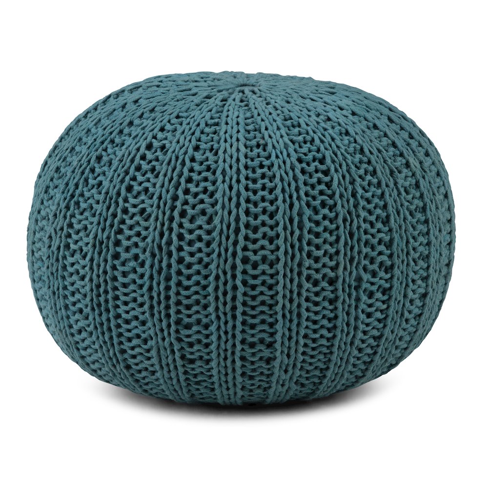 Shelby Hand Knit Round Pouf In Teal Cotton
