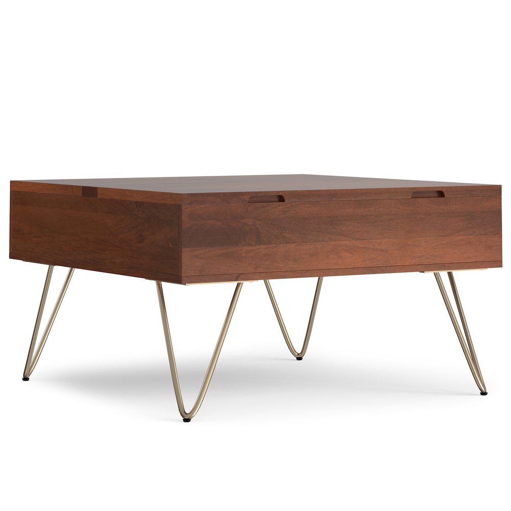 Hunter Solid Mango Wood Lift Top Square Coffee Table In Umber Brown, Gold