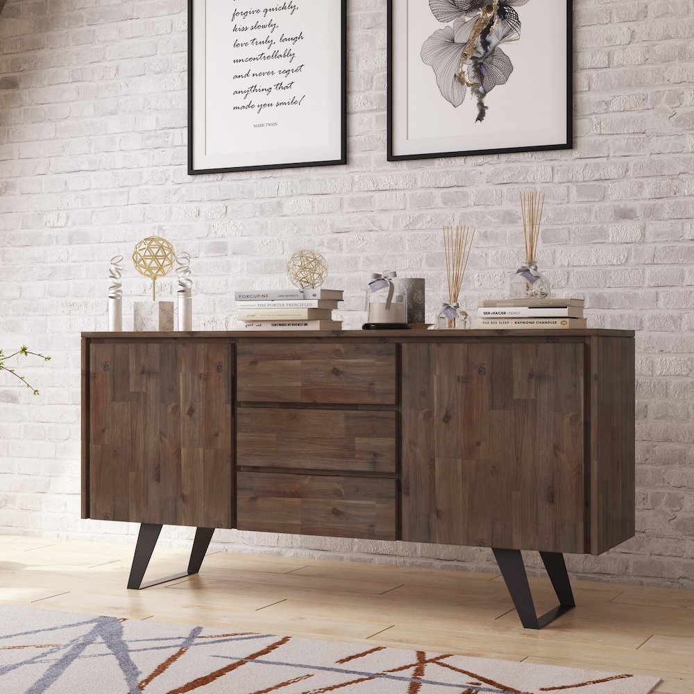 Lowry Solid Acacia Wood Sideboard Buffet In Rustic Natural Aged Brown