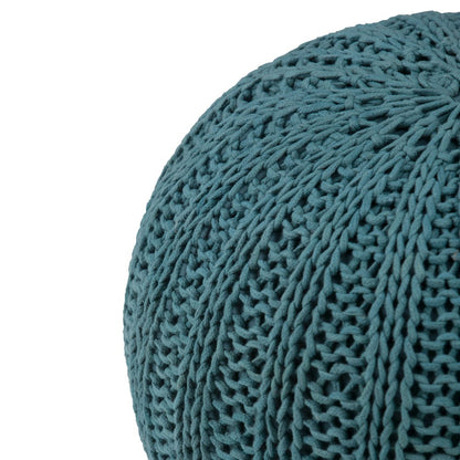 Shelby Hand Knit Round Pouf In Teal Cotton