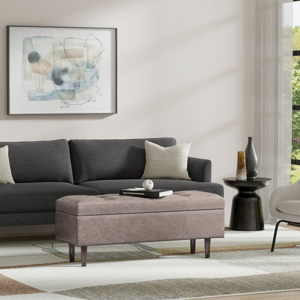 Rectangular Storage Ottoman In Distressed Grey Taupe Vegan Faux Leather