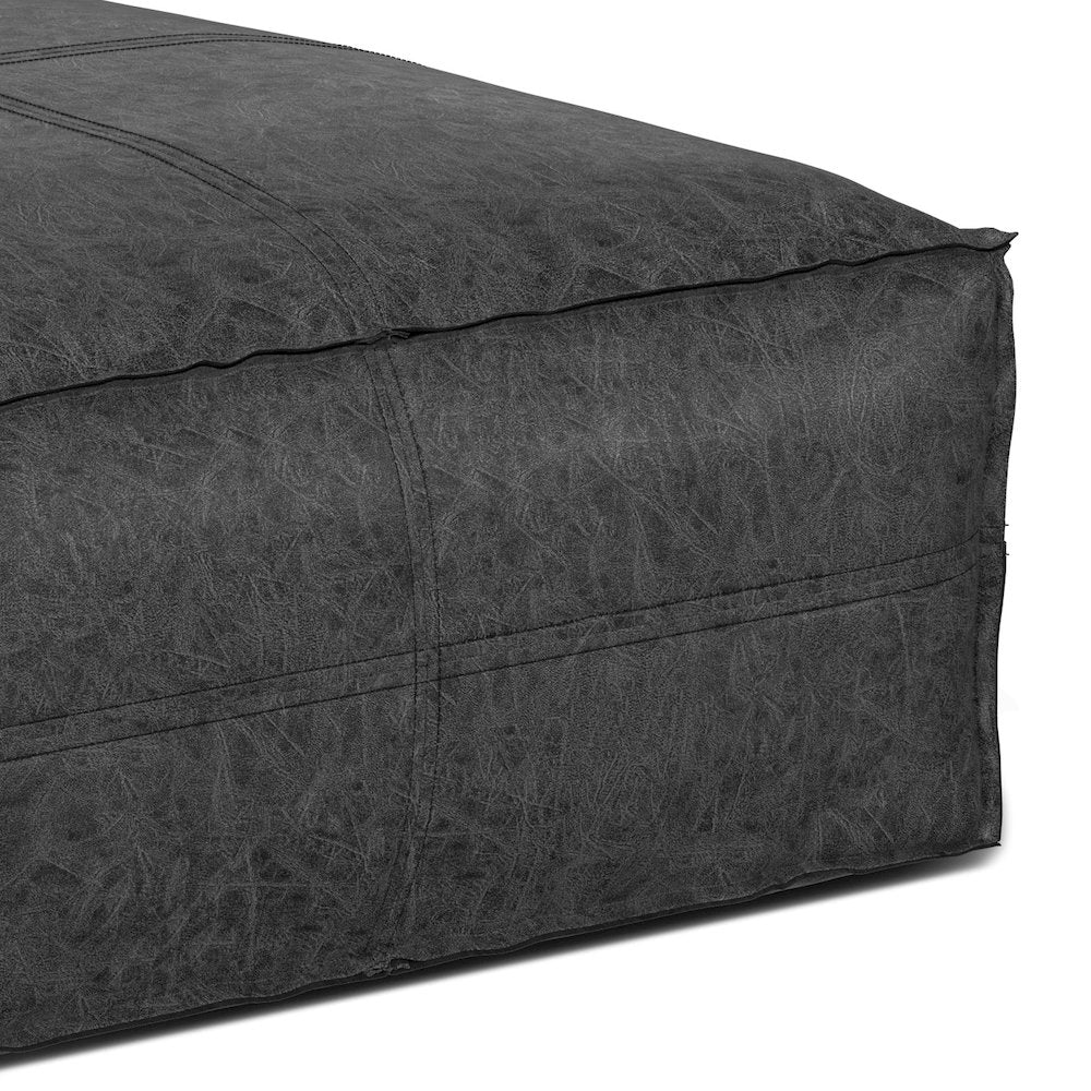 Brody Large Square Coffee Table Pouf In Distressed Black Vegan Faux Leather