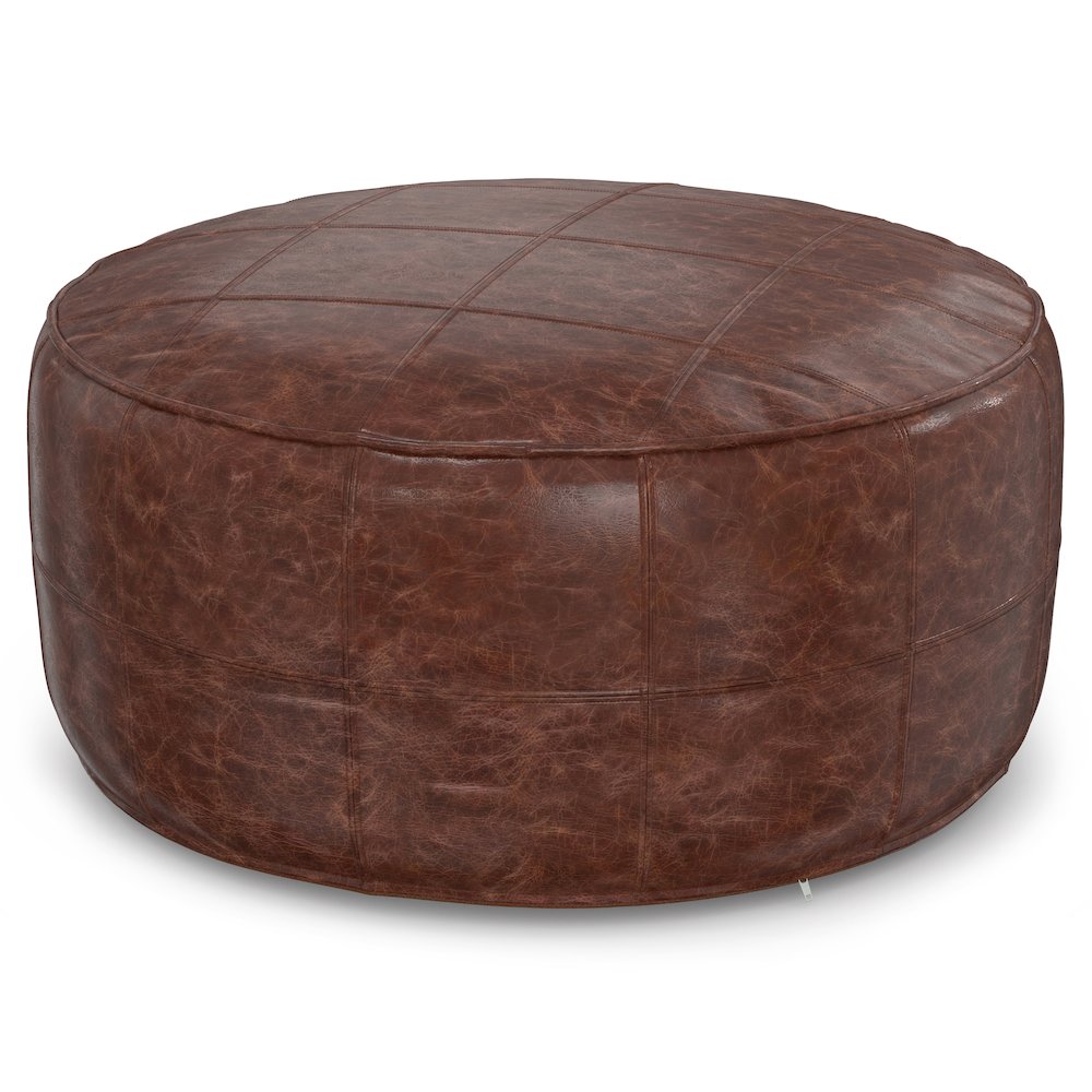Connor 34 Inch Round Coffee Table Pouf In Distressed Brown Genuine Leather