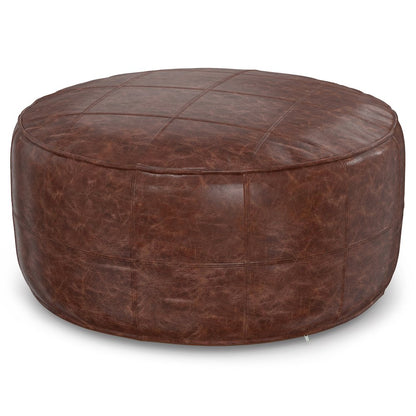 Connor 34 Inch Round Coffee Table Pouf In Distressed Brown Genuine Leather
