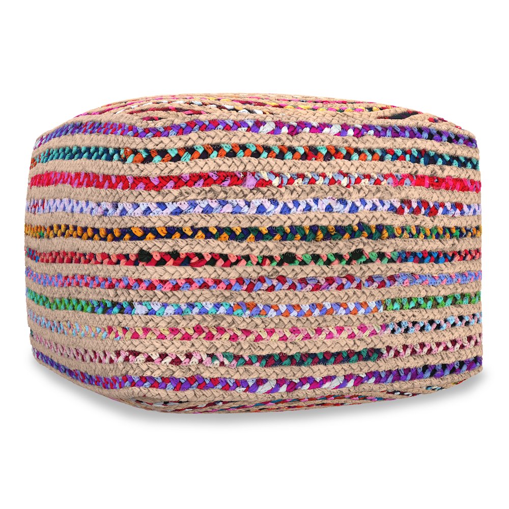 Margo 20 inch Wide Boho Pouf in Multicolor Natural Jute/Cotton Chindi, Assembled