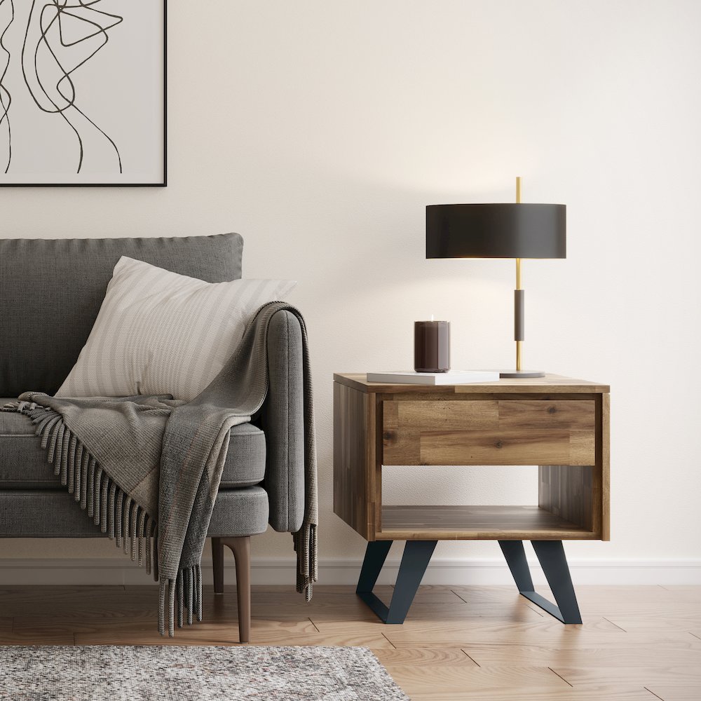 Lowry Solid Acacia Wood End Table In Distressed Golden Wheat