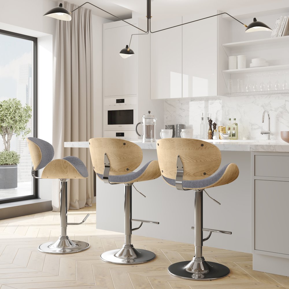 Marana Bentwood Adjustable Swivel Bar Stool In Light Grey Polyester Linen