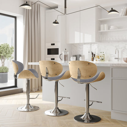 Marana Bentwood Adjustable Swivel Bar Stool In Light Grey Polyester Linen