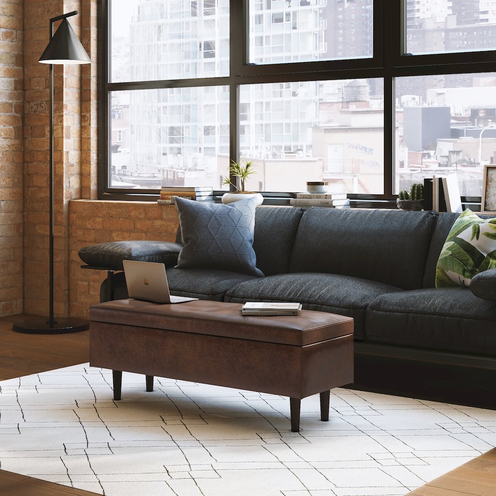 Rectangular Storage Ottoman In Distressed Chestnut Brown Vegan Faux Leather