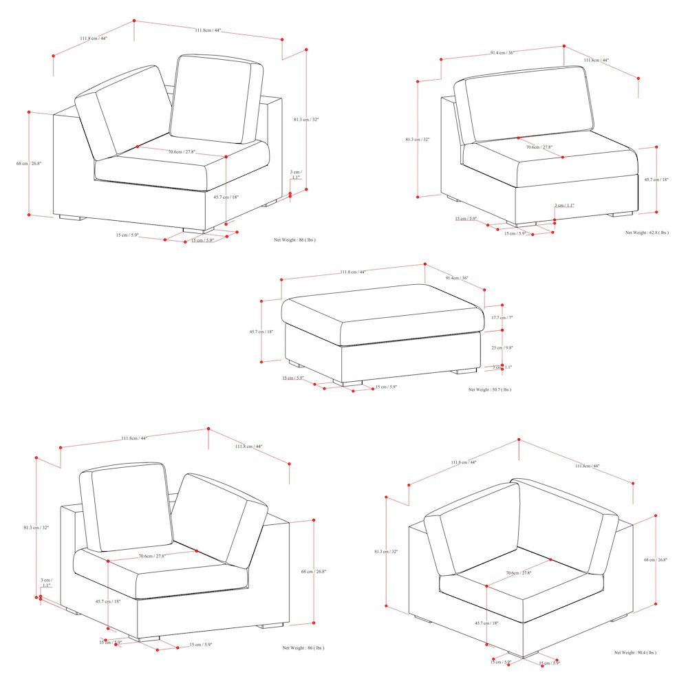 Sectional Modular Sofa And Ottoman Set In Velvety Chenille Performance Fabric