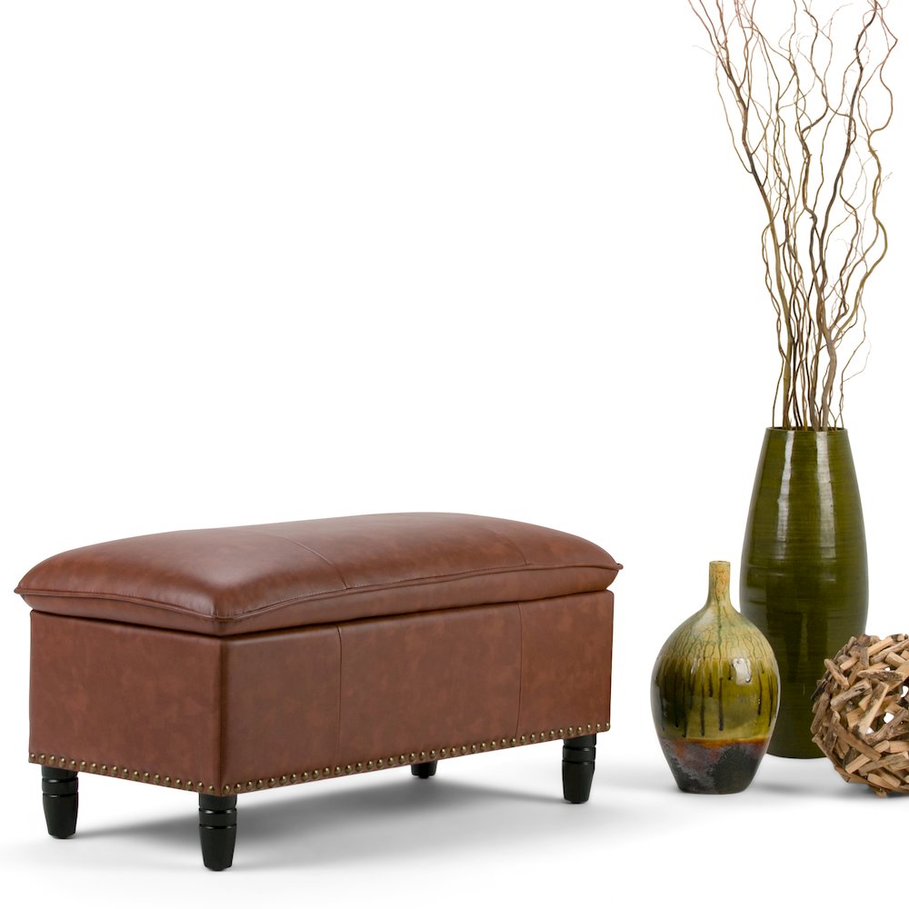 Emily Storage Ottoman In Cognac Vegan Faux Leather