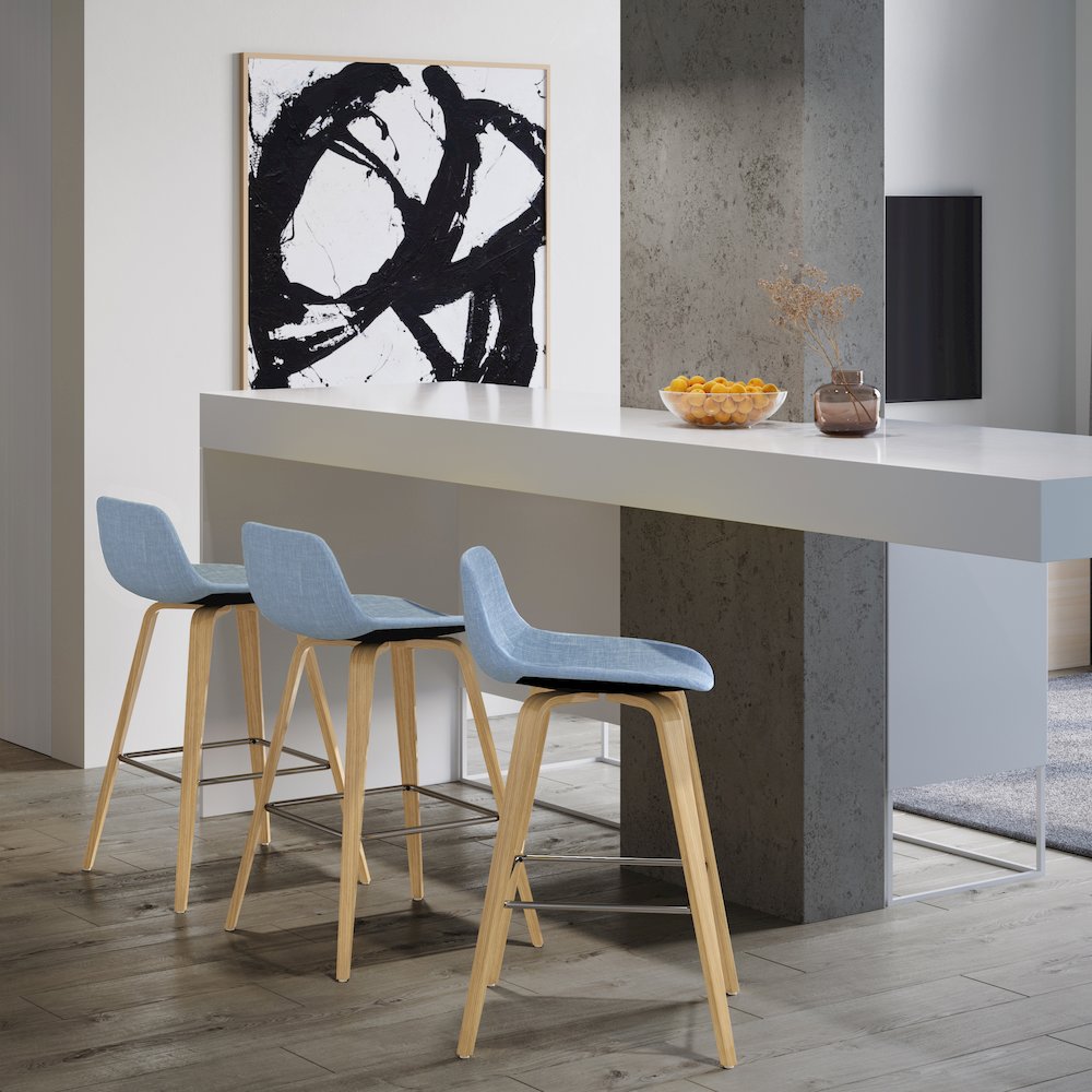 Counter Height Stool (Set Of 2) With Light Wood In Denim Blue Polyester Linen