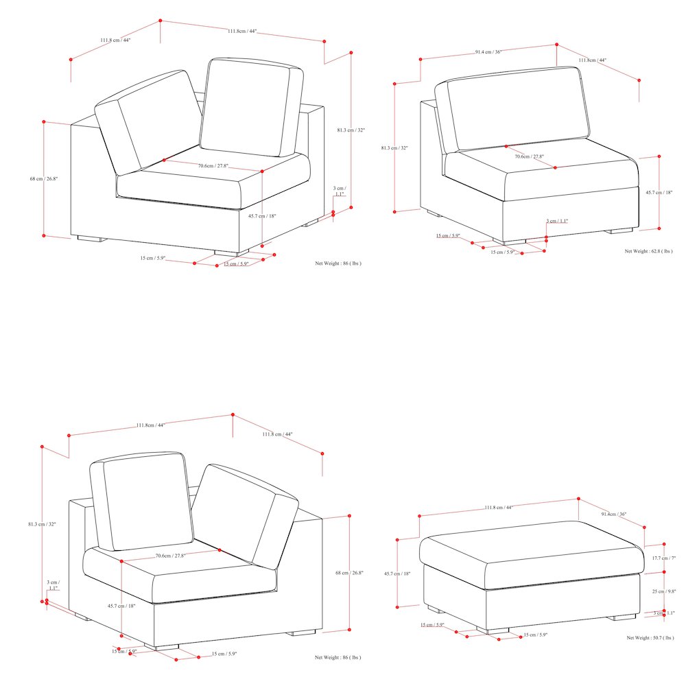 3-Seater Modular Sofa And Ottoman Set In Velvety Chenille Performance Fabric