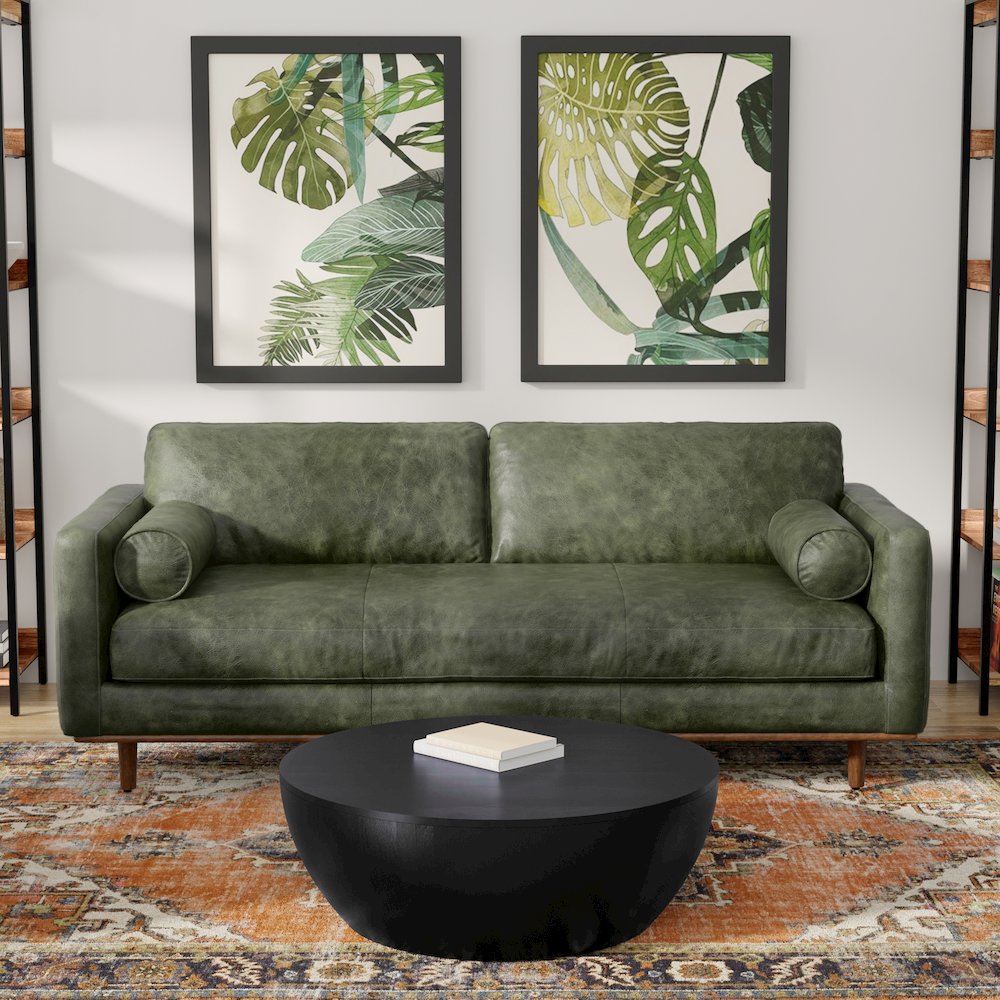 Morrison 89 inch Wide Mid-Century Modern Sofa in Moss Green Genuine Leather