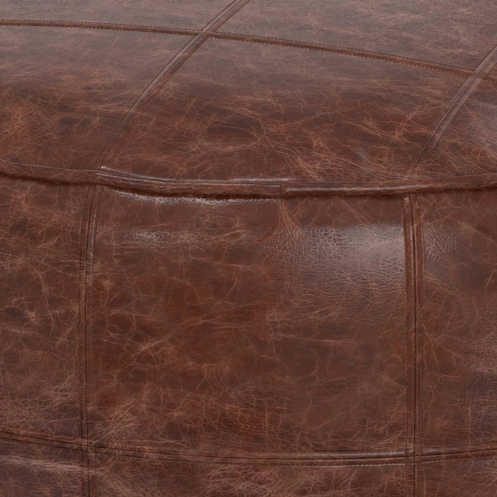 Connor 34 Inch Round Coffee Table Pouf In Distressed Brown Genuine Leather