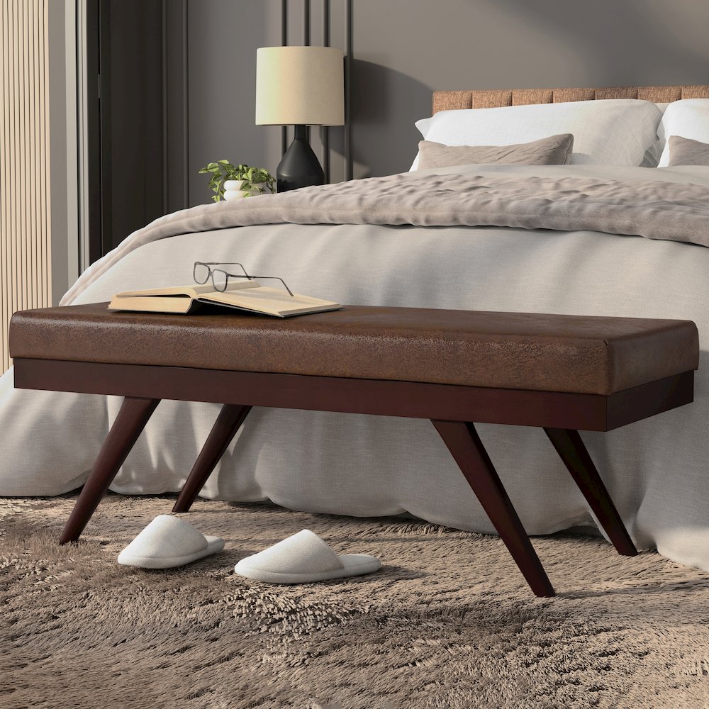 Chanelle SOLID HARDWOOD Mid Century Ottoman Bench in Distressed Chestnut Brown