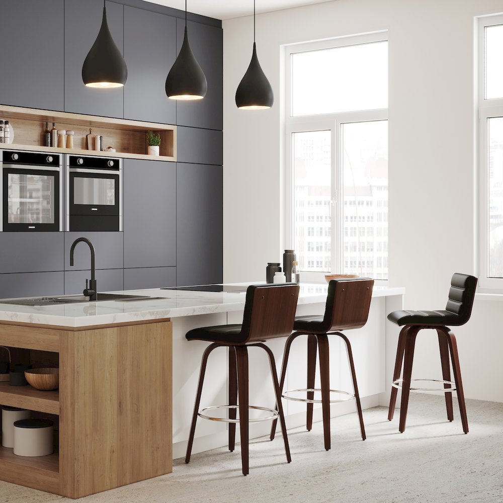 Roland Swivel Bar Stool In Black Vegan Faux Leather