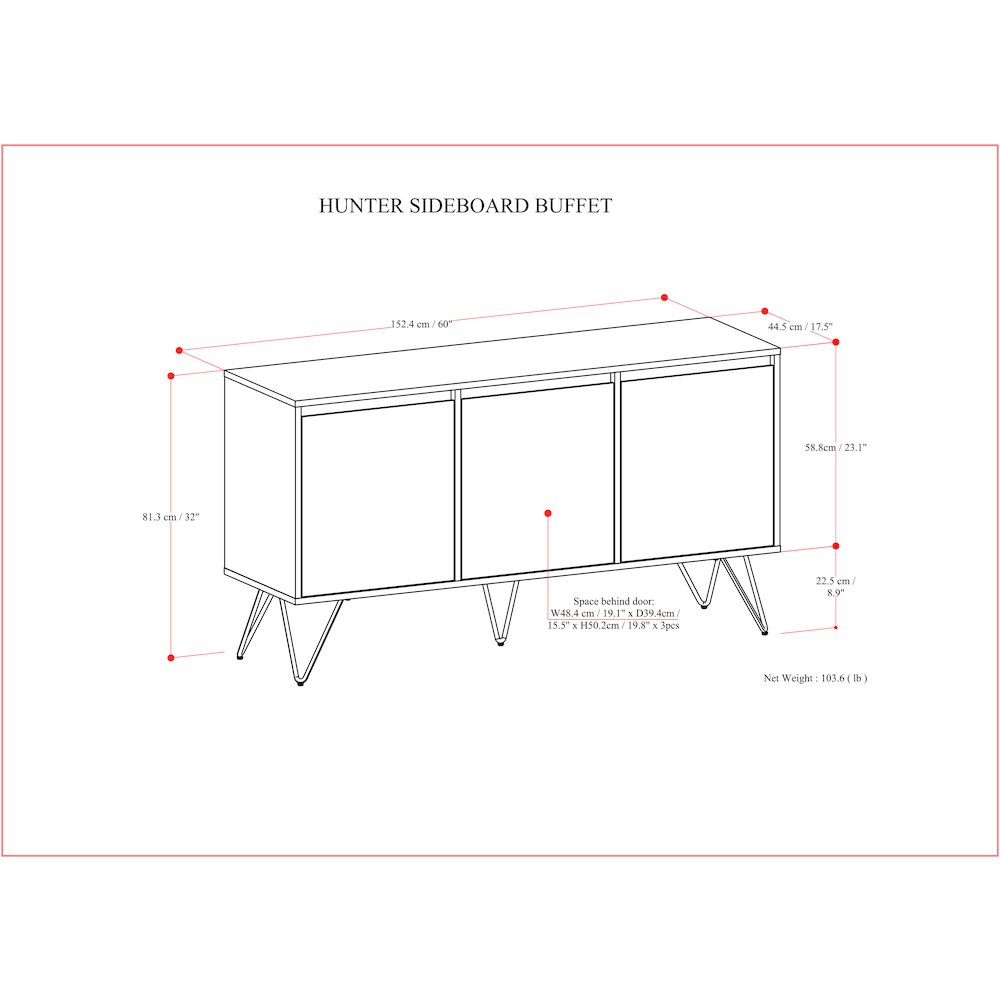 Hunter 3 Door Sideboard Buffet In Walnut Veneer