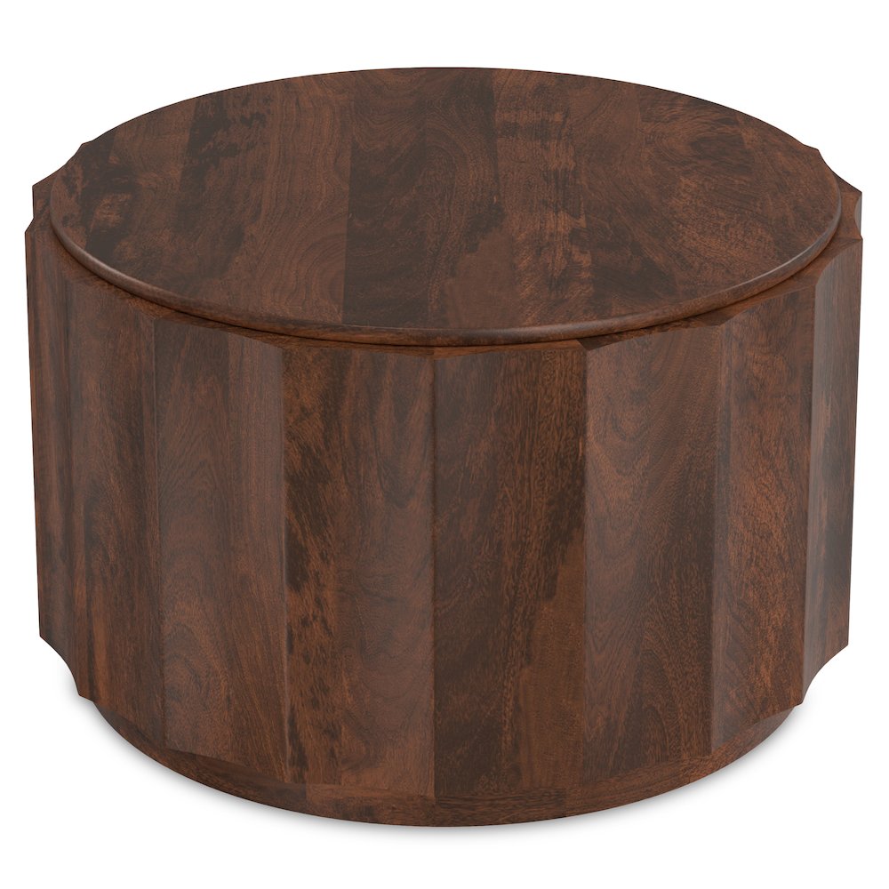 Solid Mango Wood 32 Inch Wide Round Contemporary Coffee Table In Walnut Brown