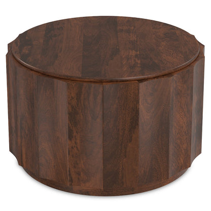 Solid Mango Wood 32 Inch Wide Round Contemporary Coffee Table In Walnut Brown