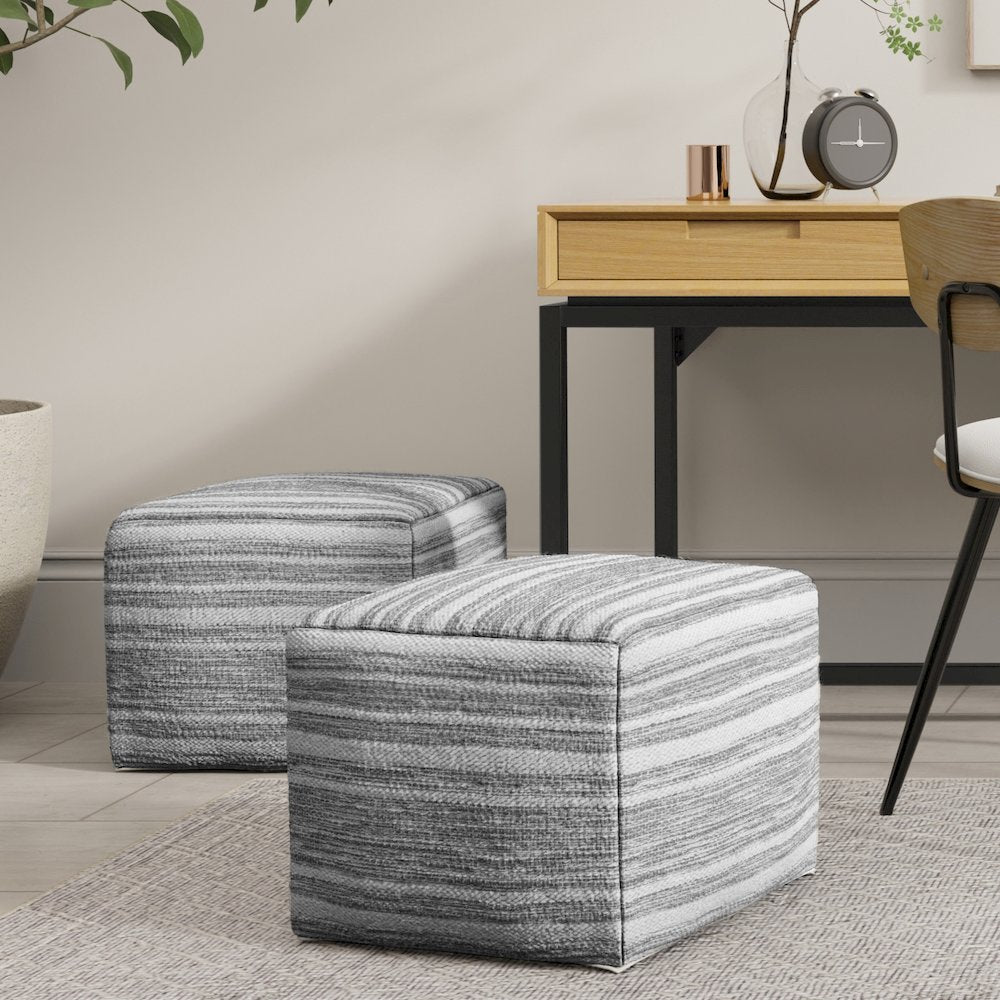 Carina Square Woven Pouf In Black Melange, White Wool