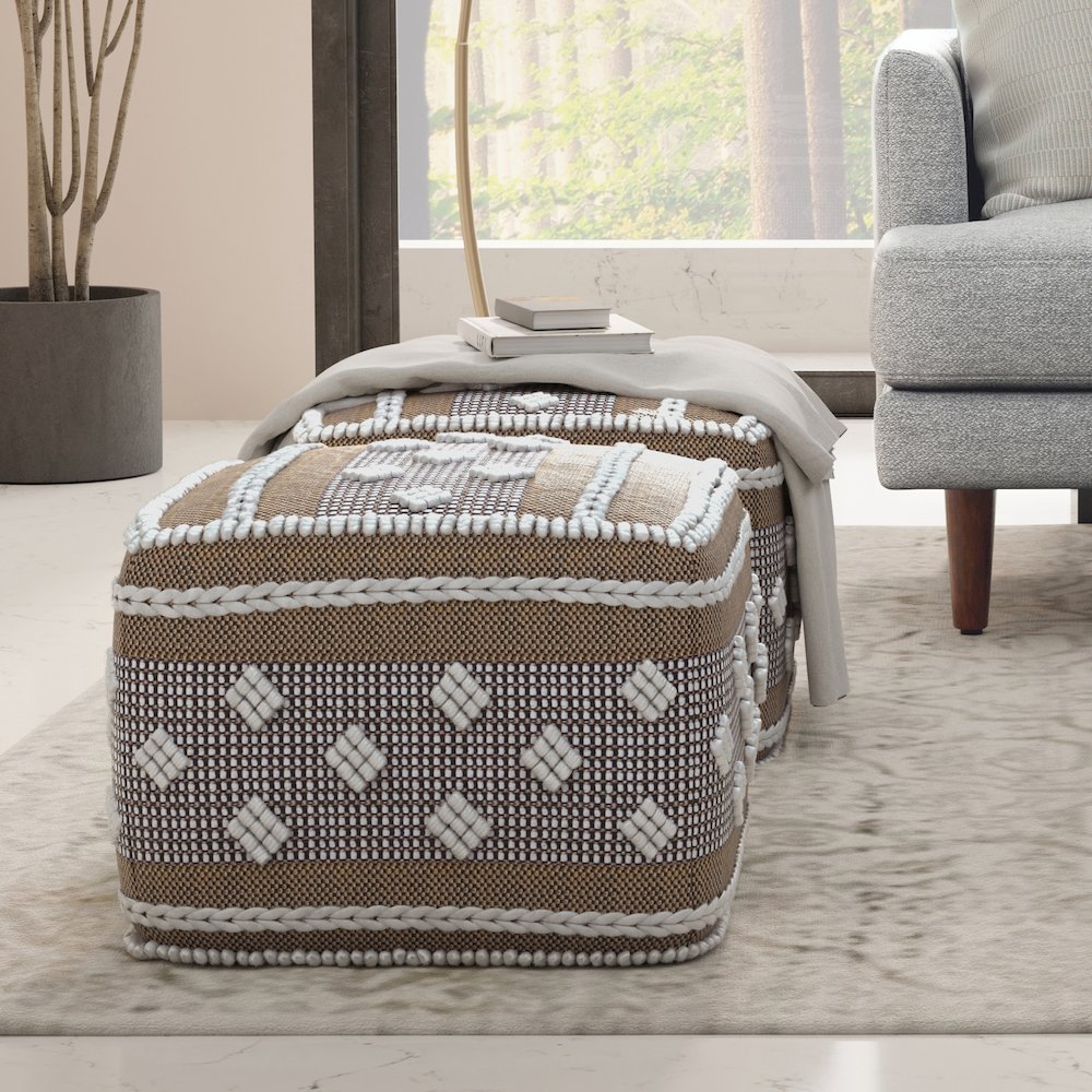 Mapleton Outdoor/Indoor Pouf In White, Beige, Grey Polystyrene Filling