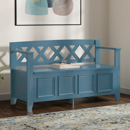 48 inch Wide Solid Wood Transitional Entryway Bench in Distressed Coastal Blue