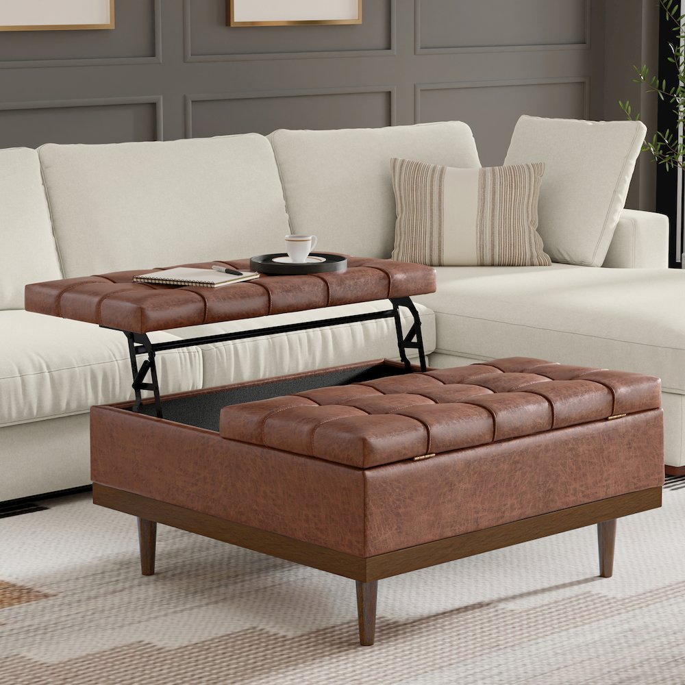 Mariah Lift Top Table Storage Ottoman in Distressed Saddle Brown