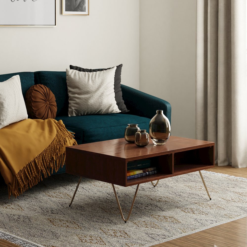 Hunter Solid Mango Wood Small Lift Top Coffee Table In Umber Brown And Gold