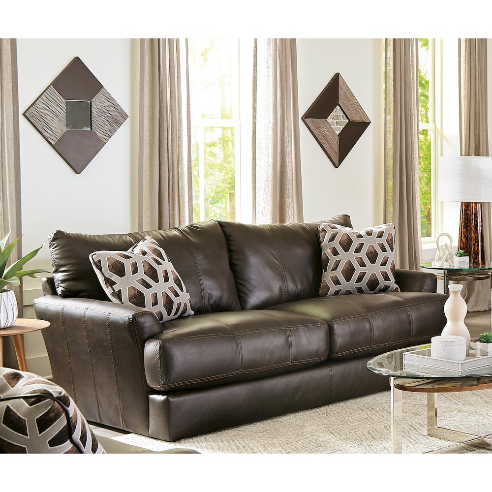 Prato Top Grain Italian Leather Match Sofa with Cuddler Cushions in Brown Color