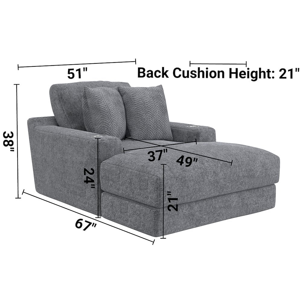 Cozy Chaise with USB Charging Ports in Grey Color