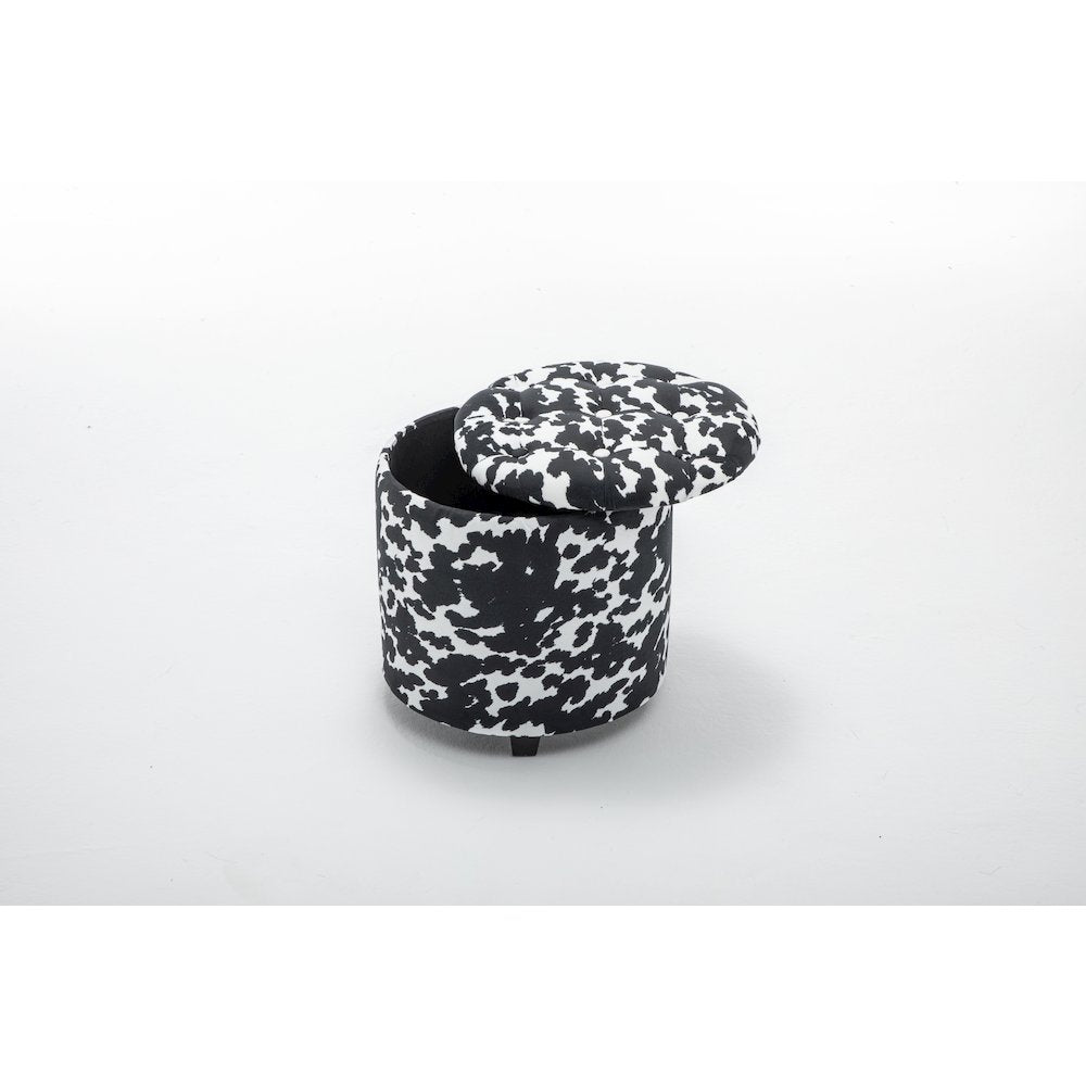 Round Black and White Sorage Cow Print Storage Ottoman Stool
