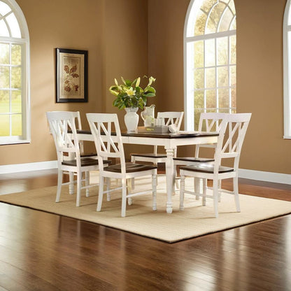 Elegant 7-Piece Dining Table Set in White with Distressed Finish and Chairs