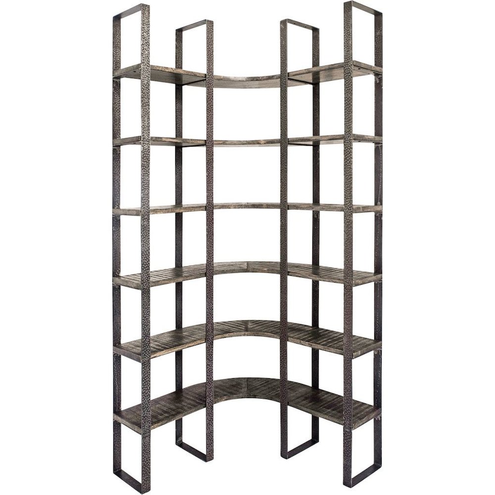Curved Brown Wood and Black Iron Six Shelving Unit