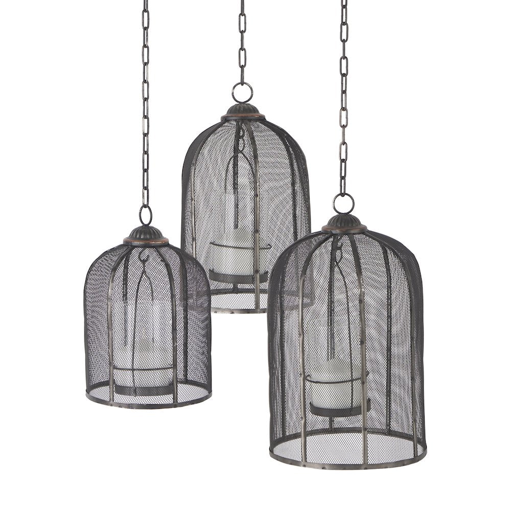 Jutland Set of Three Black Metal Bird Cage Candle Holder Lanterns