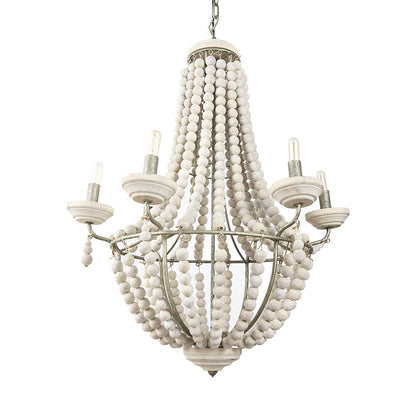 Silver Metal Chassis and White Wood Beaded Six Bulb Chandelier