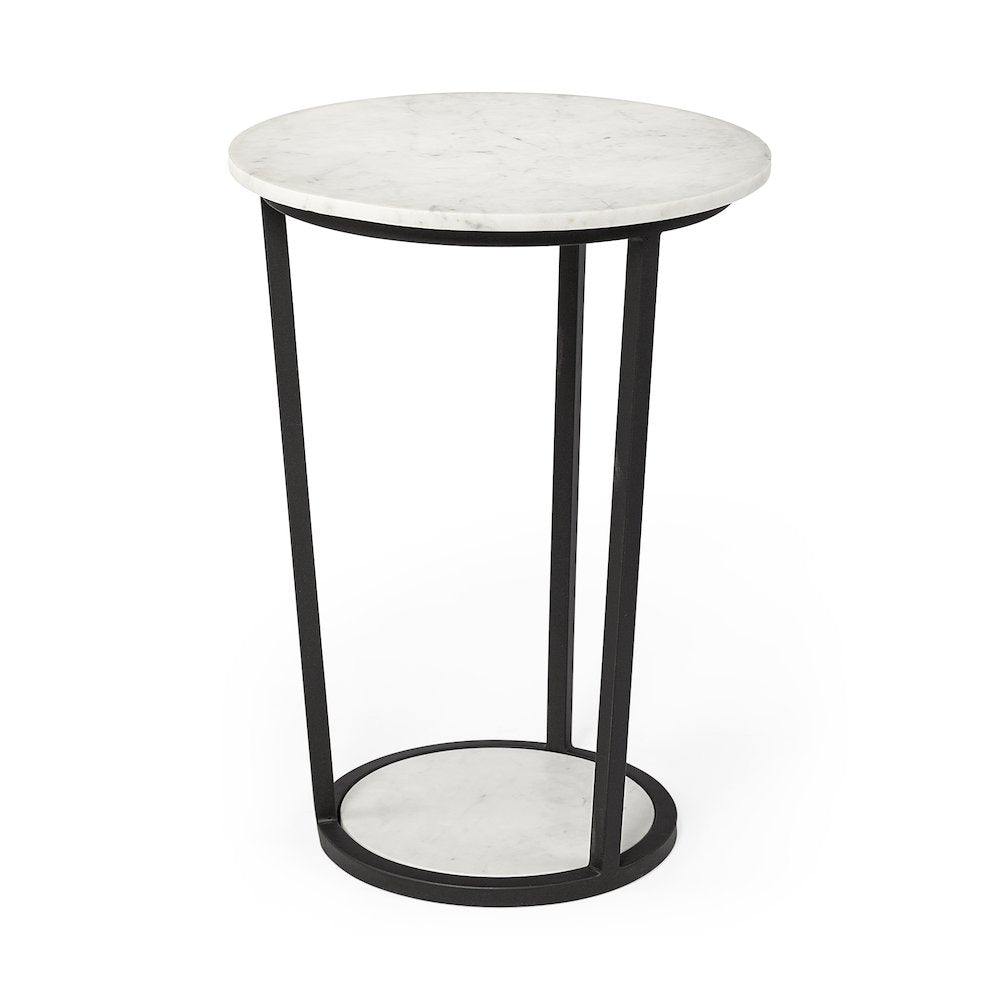 White Round Marble Top W/Black Metal Frame Accent Table