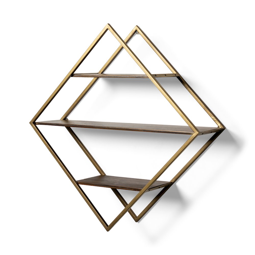 Neil I Diamond Shape Wall Mounted Brass Frame w Three Wood Wall Shelves