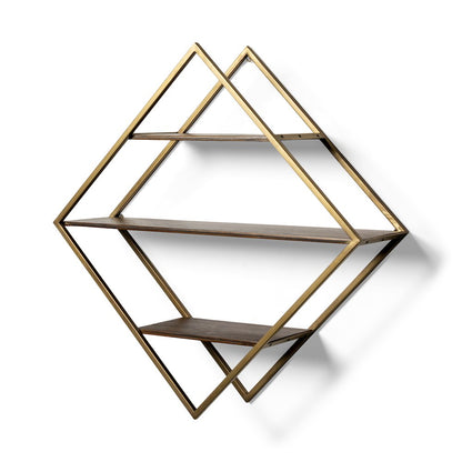Neil I Diamond Shape Wall Mounted Brass Frame w Three Wood Wall Shelves