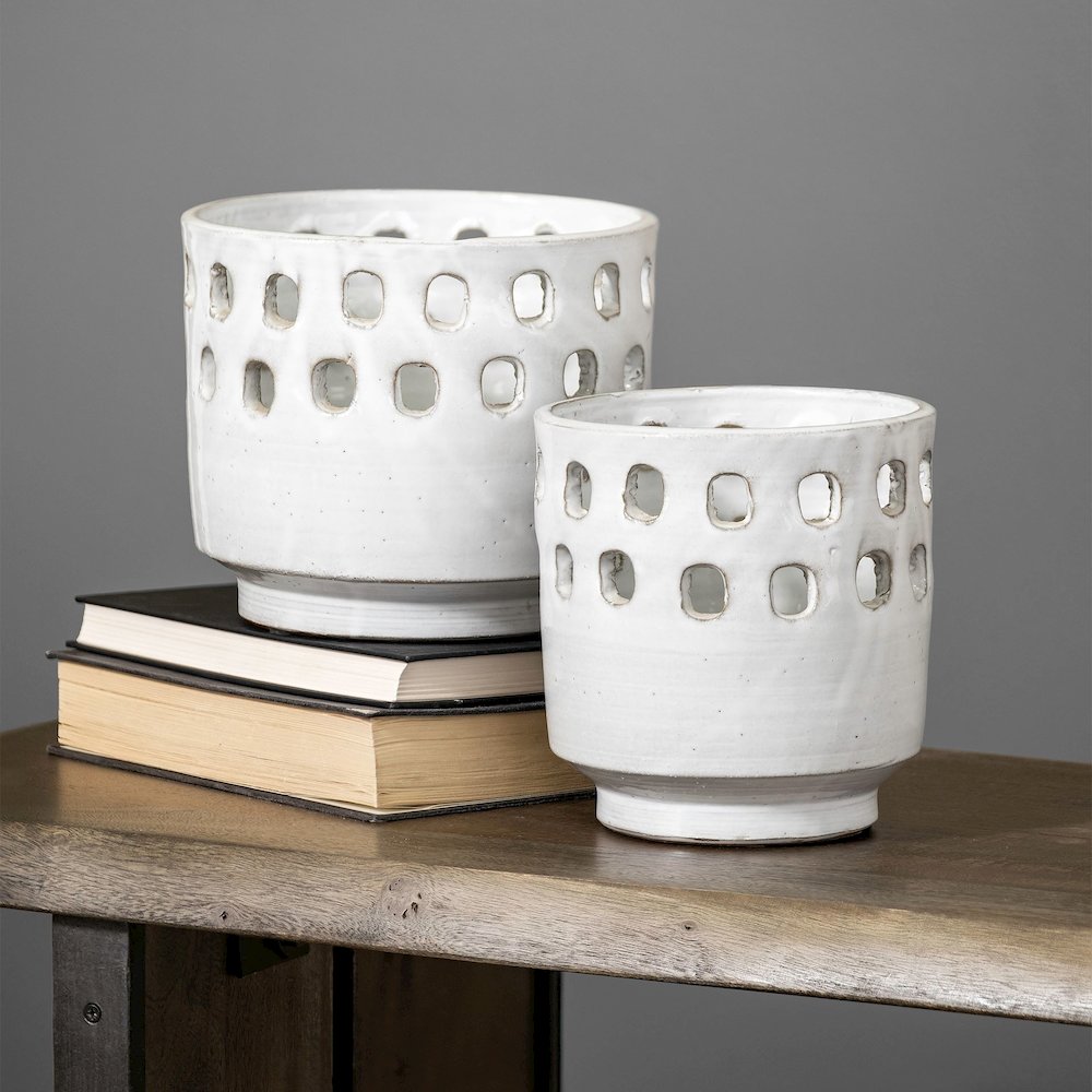 Larissa Set of Two White Ceramic Hollow Pattern Vases