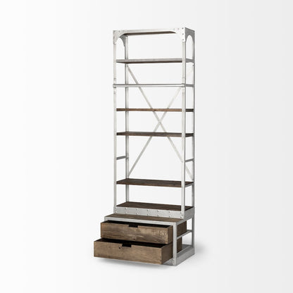 32L x 22W x 94H  Medium Brown Wood Silver Accent Four Shelf Shelving Unit