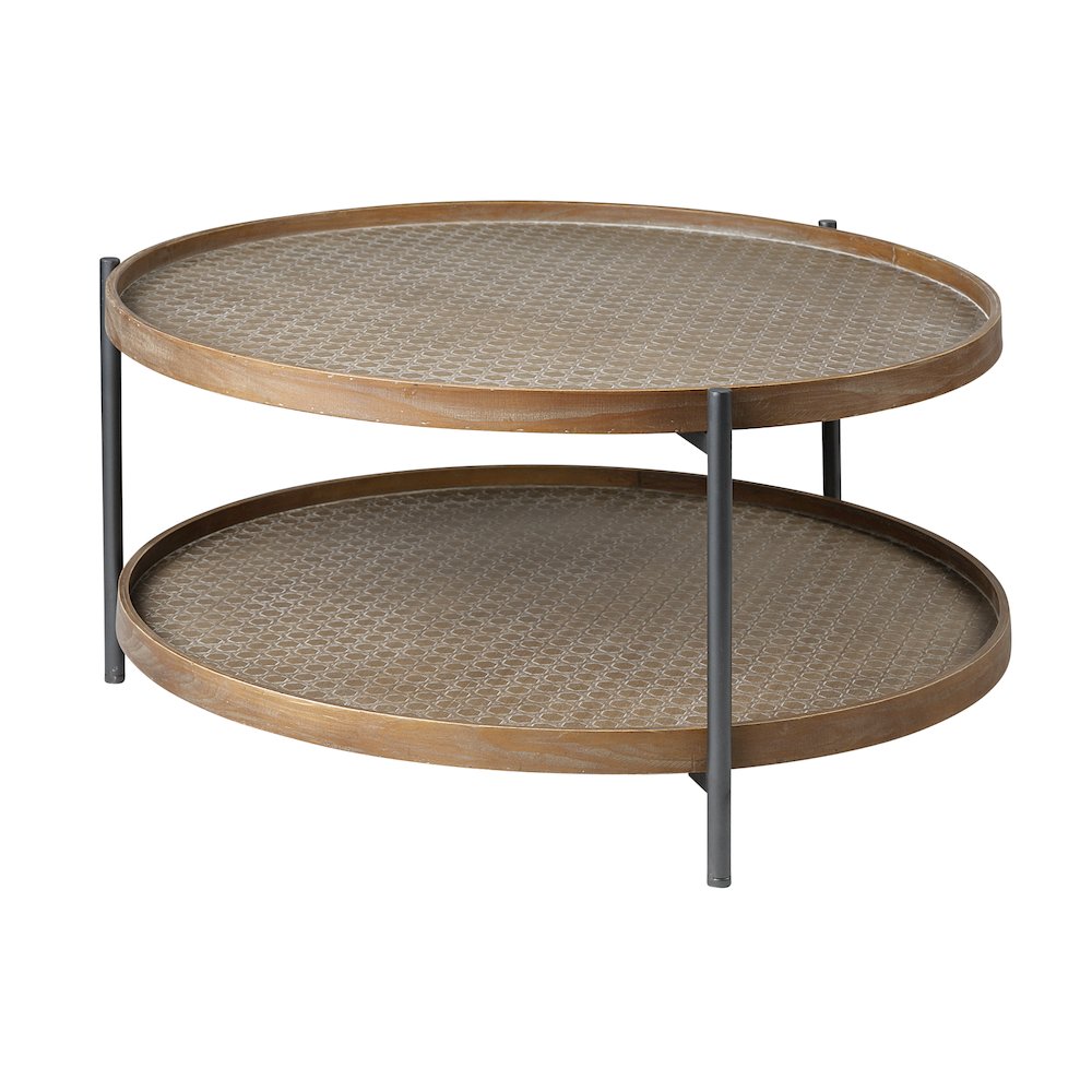 Kade 33" Round Brown Table Gray Metal Frame Two-Tier Coffee Table
