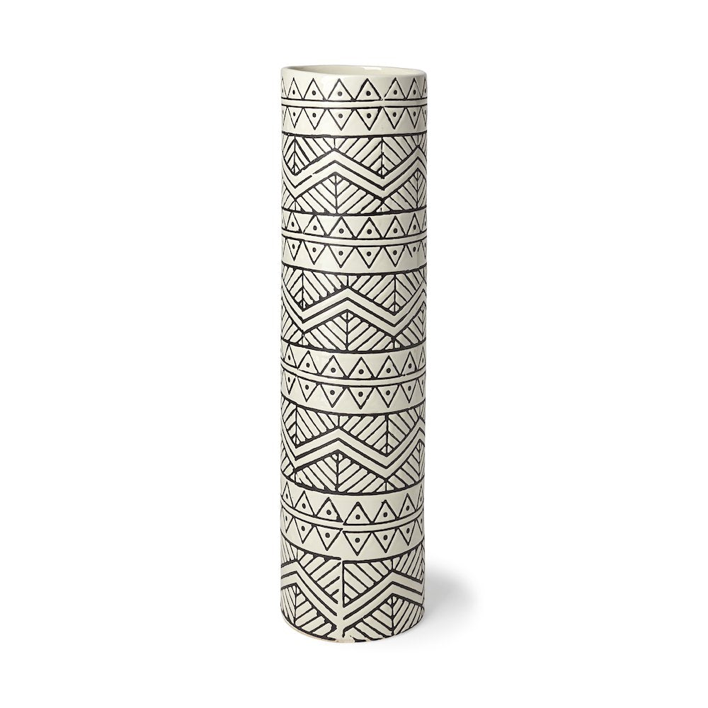 Uhura II Large Cream Black Patterned Cylindrical Ceramic Vase